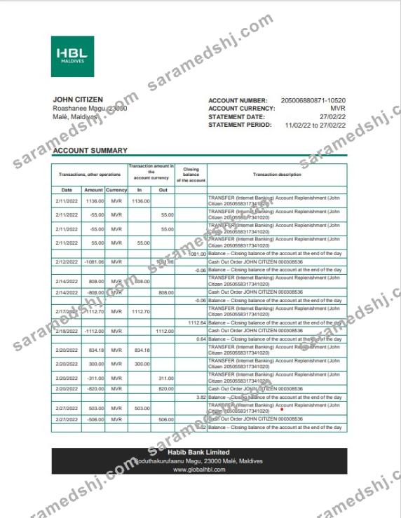 Maldives HBL bank statement Excel and PDF template